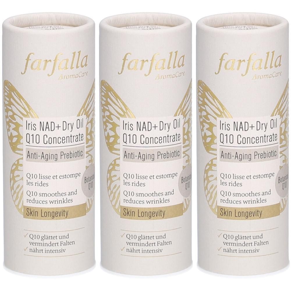 Drei Farfalla Iris NAD+ Dry Oil Q10 Konzentrat Anti-Aging Prebiotic Flaschen.