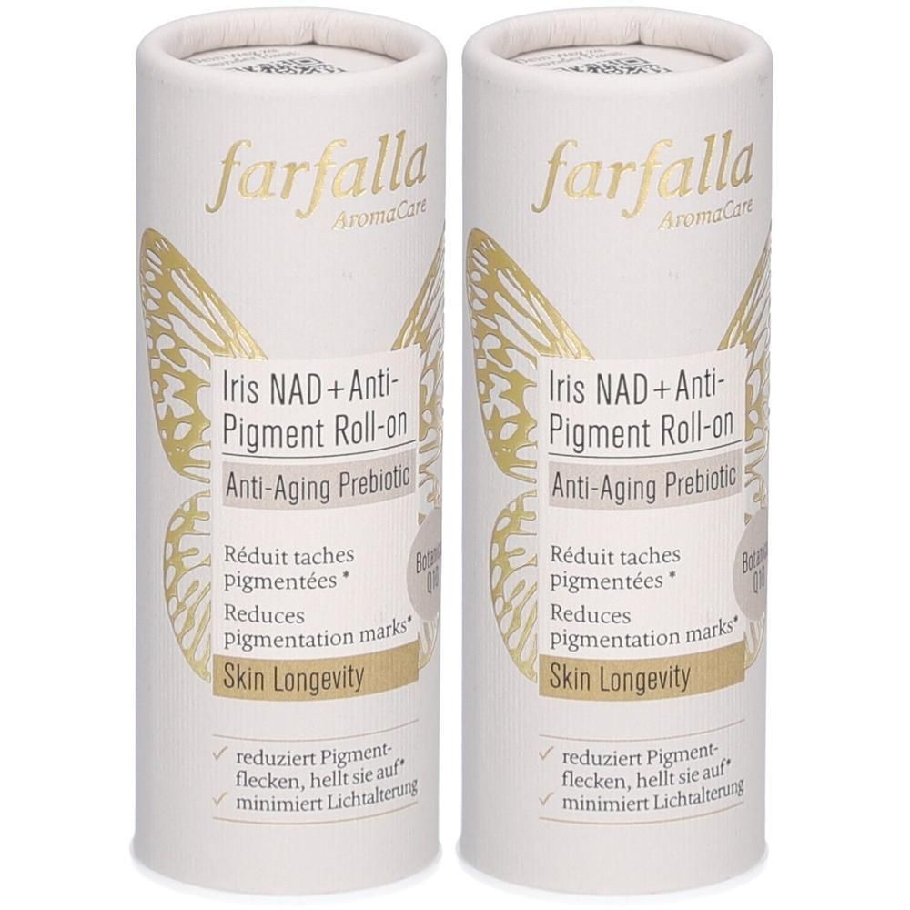 Zwei Roll-on Flaschen Iris NAD+ Anti-Pigment mit Anti-Aging Prebiotic Formel.