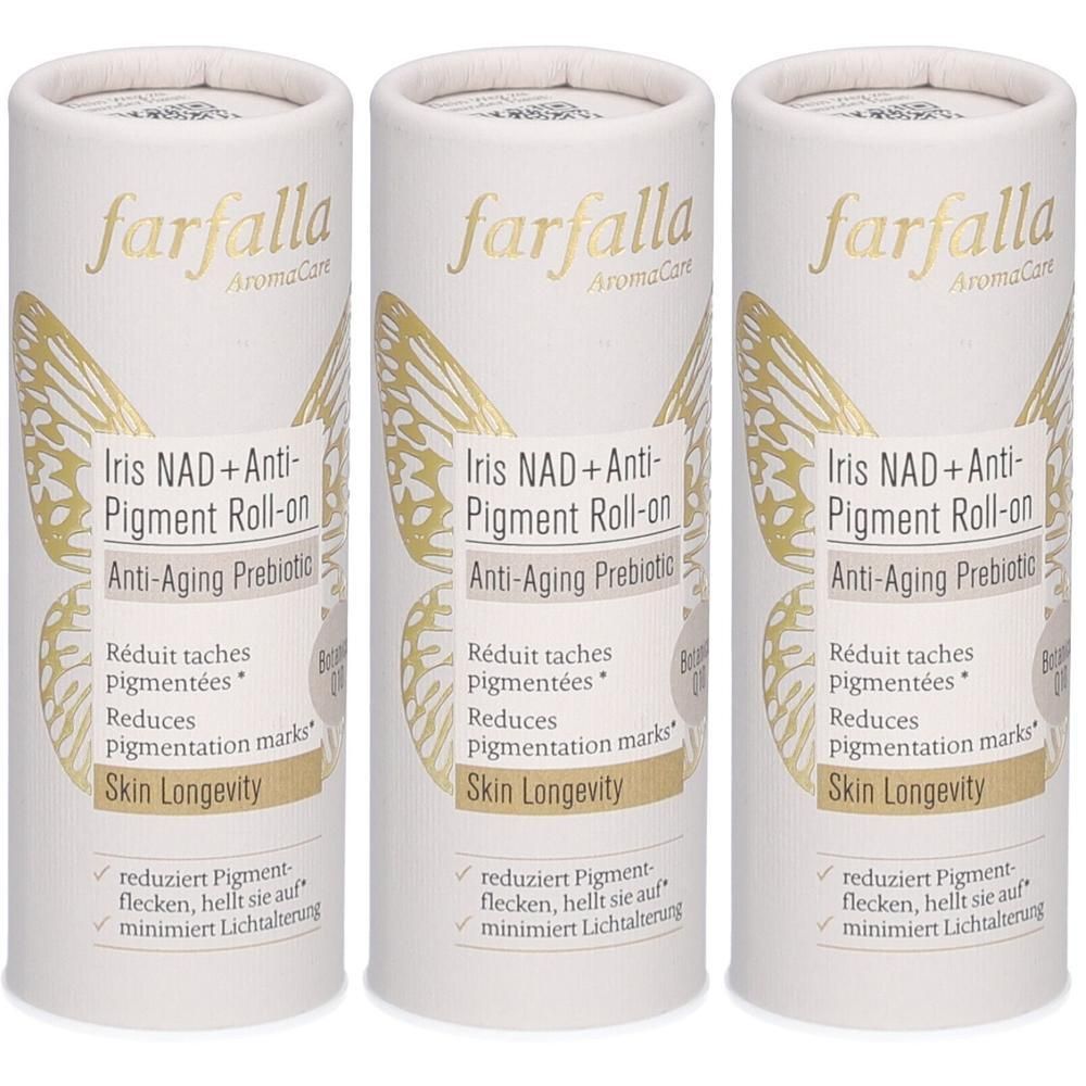 Drei Tuben mit Iris NAD+ Anti-Pigment Roll-On, Anti-Aging Prebiotic.