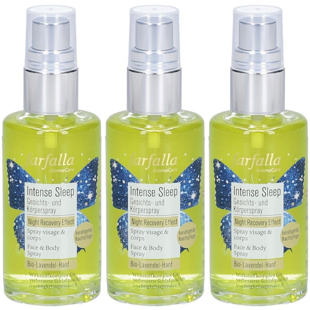 Drei Flaschen Farfalla Intense Sleep Spray mit Schmetterlingsmotiv. Klare Flüssigkeit, silberne Sprühköpfe.