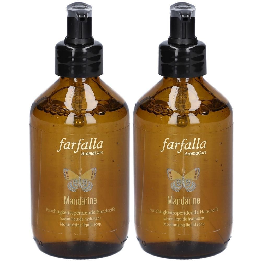 Zwei braune Flaschen mit schwarzem Pumpkopf. Aufschrift "farfalla AromaCare" und "Mandarine". Feuchtigkeitsspendende Handseife.