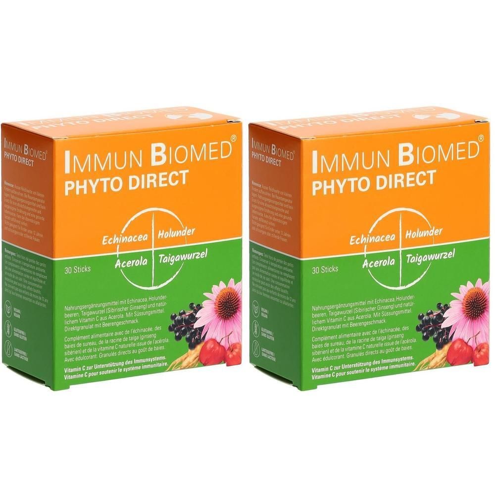 Zwei orangefarbene Kartons mit der Aufschrift "IMMUN BIOMED PHYTO DIRECT". Aufschrift mit Inhaltsstoffen und 30 Sticks.