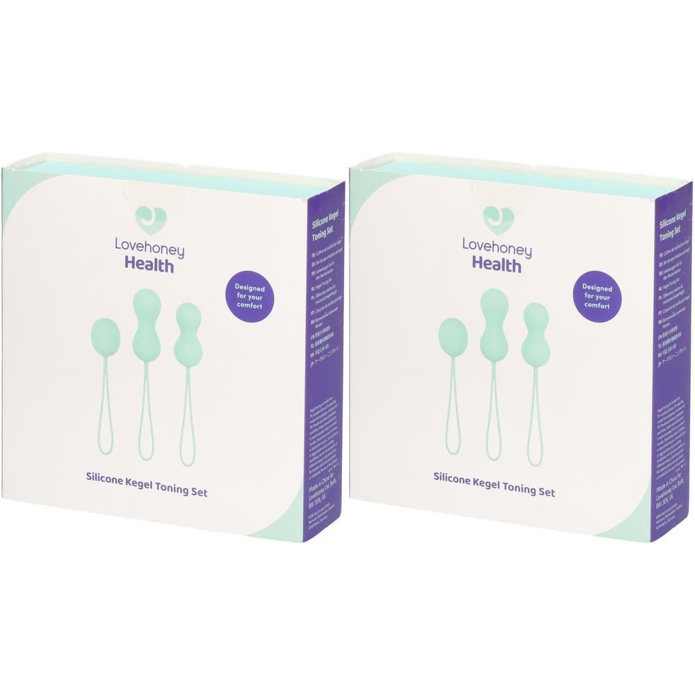 Deux boîtes de Lovehoney Health Silicone Kegel Toning Set. Chaque boîte présente trois boules en silicone menthe avec des poignées. Inscription : Silicone Kegel Toning Set.