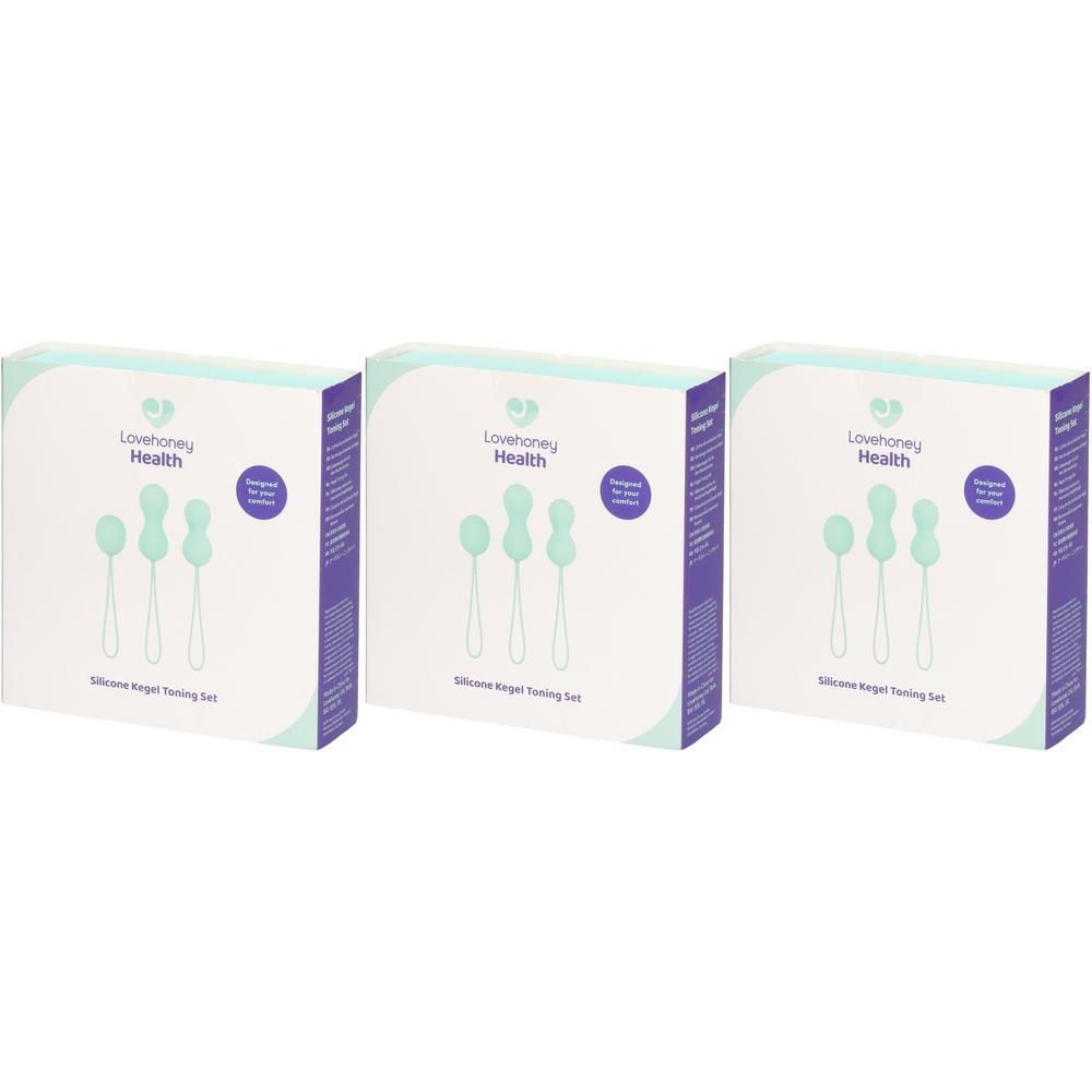 Trois boîtes LOVEHONEY Health Kegel Toning Set. Chaque boîte présente trois poids de Kegel en silicone de formes et tailles variées.