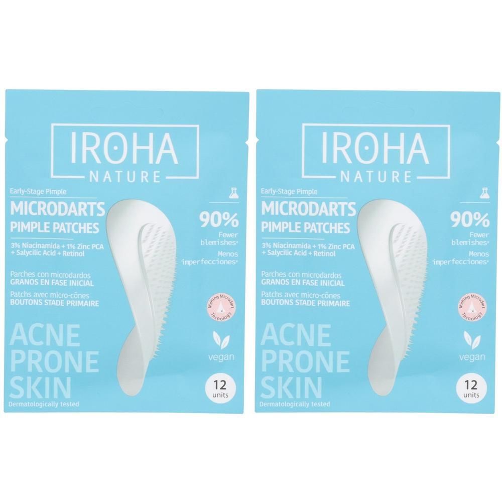Deux paquets de patchs anti-boutons Iroha Nature Microdarts pour peaux à tendance acnéique, 12 unités par paquet.