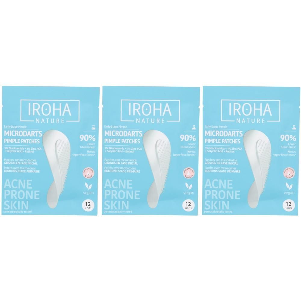 Trois paquets de patchs anti-imperfections Microdarts IROHA NATURE pour peaux à tendance acnéique. Chaque paquet contient 12 patchs.