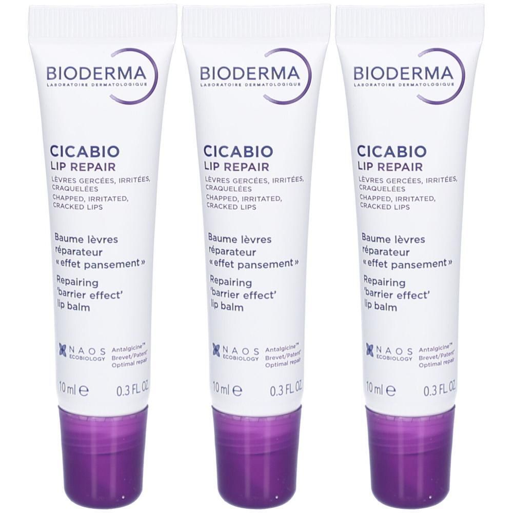 Drei Tuben mit weißem Körper und lila Verschluss. Auf jeder Tube steht "BIODERMA CICABIO LIP REPAIR".
