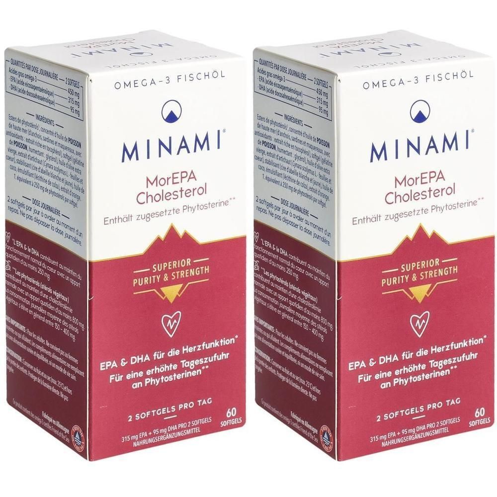 Zwei Packungen MINAMI MorEPA Cholesterol. Weiße Schachteln mit rotem Akzent. Enthält 60 Softgels. Aufschrift: EPA & DHA für die Herzfunktion.