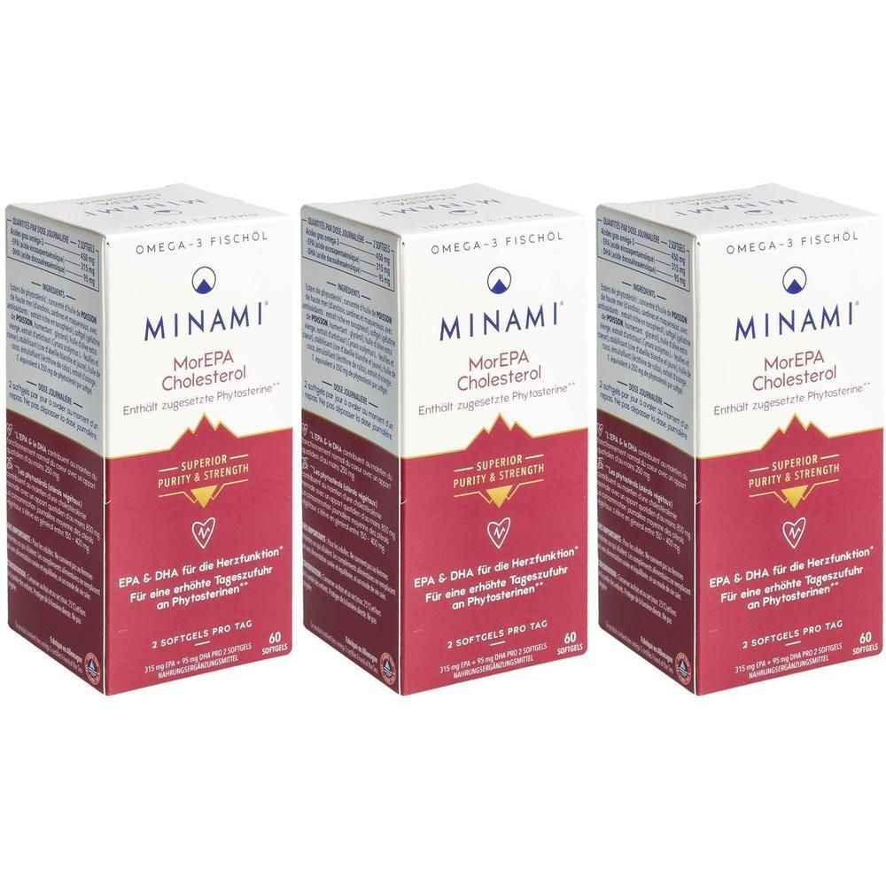 Drei Packungen MINAMI MorEPA Cholesterol. Weiße und bordeauxrote Kartons mit Produktinformationen und Logo. 60 Softgels pro Packung.