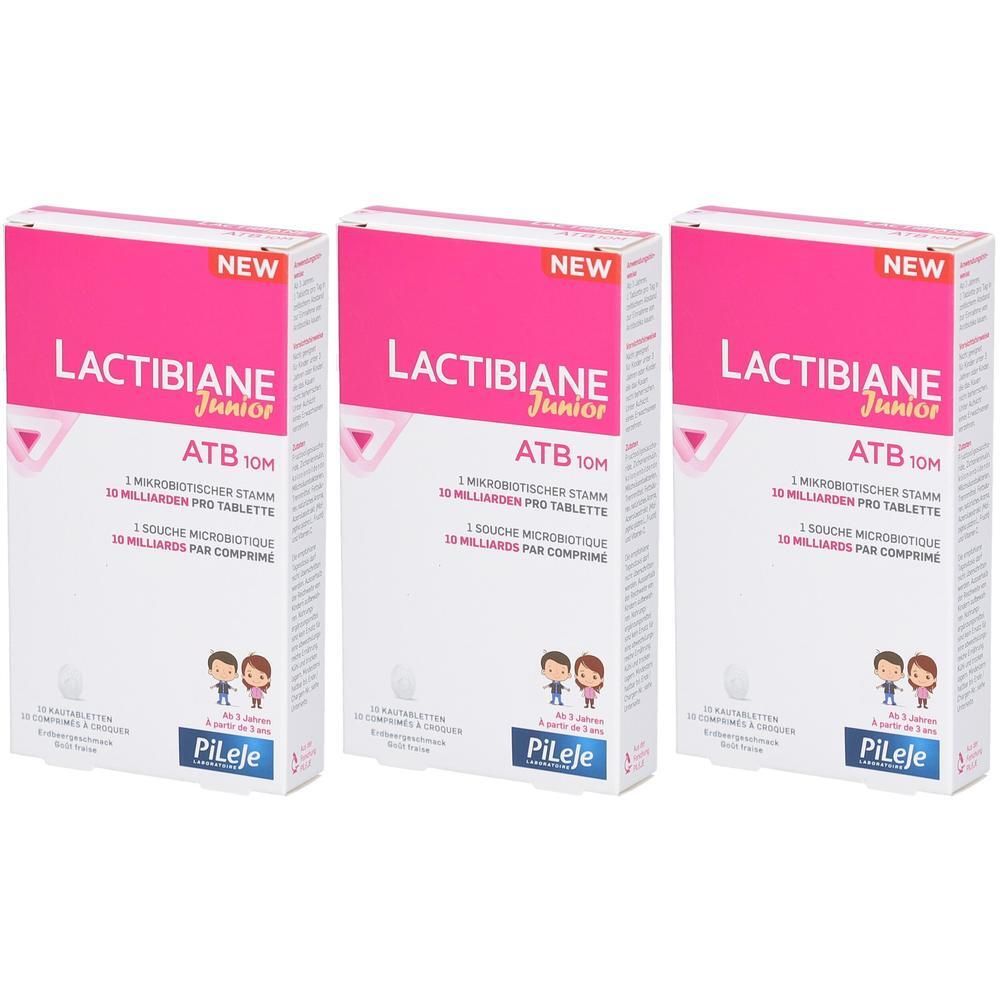 Drei Packungen LACTIBIANE Junior ATB 10M. Rosa und weiße Verpackung mit Produktnamen, Logo und Text. Aufschrift "NEW".