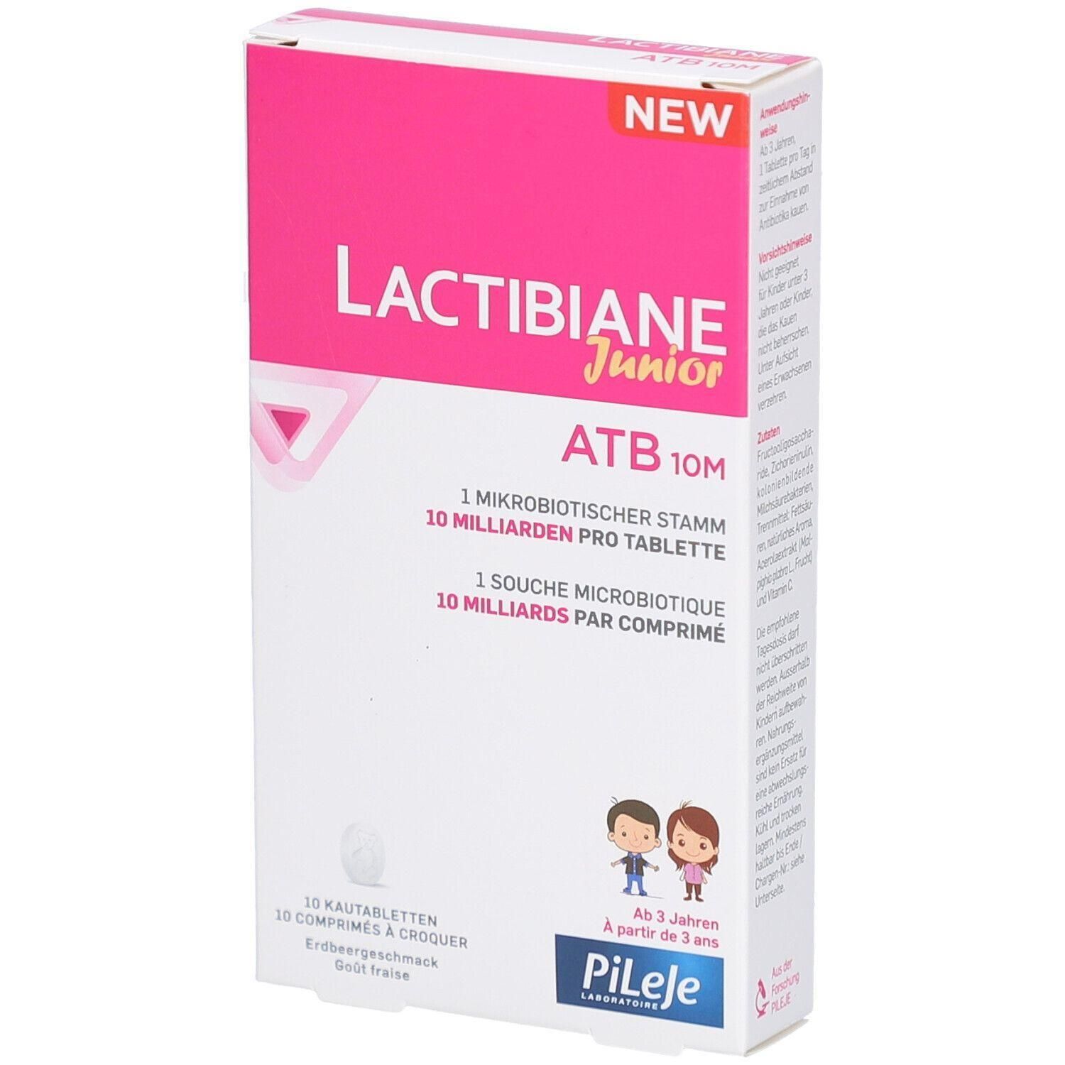 Verpackung von LACTIBIANE Junior ATB 10M. Rosa-weiße Schachtel mit Produktinformationen und Illustrationen. Enthält 10 Kautabletten.