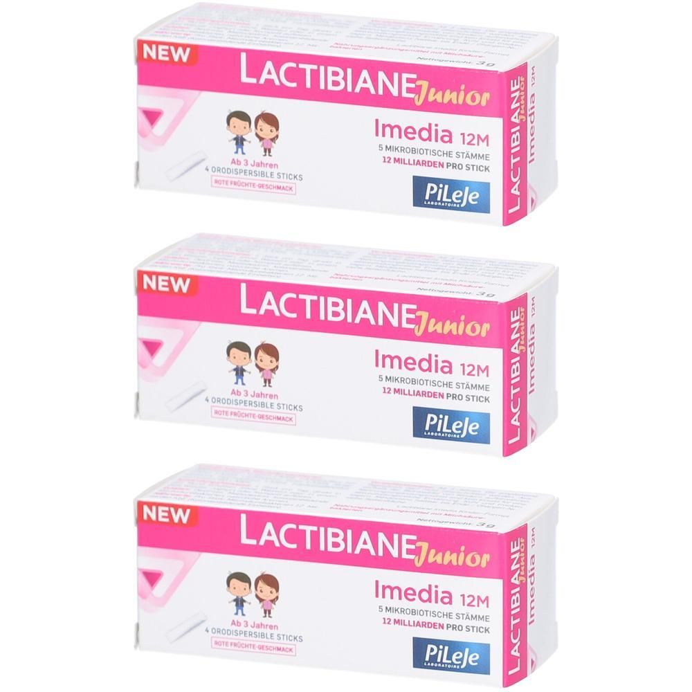 Drei Packungen LACTIBIANE Junior Imedia 12M. Weiße Verpackung mit rosa Akzenten. Text: Imedia, PiLeje, Junior, 4 Sticks.