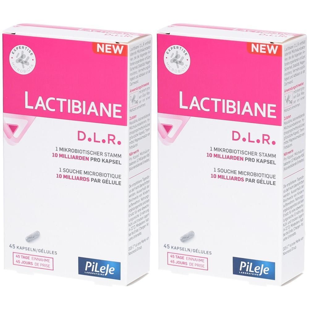 Zwei Schachteln LACTIBIANE D.L.R. mit rosa und weißer Aufmachung. Aufschrift: 10 Milliarden pro Kapsel. Marke: PiLeje. Mit 45 Kapseln.