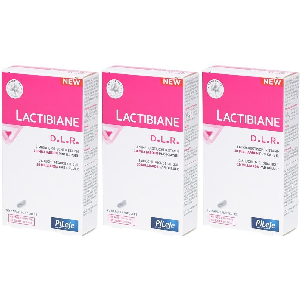 Drei weiße Kartons mit rosa Akzenten. Aufschrift: LACTIBIANE D.L.R. 1 Mikrobiotischer Stamm. 10 Milliarden pro Kapsel. 45 Kapseln. Marke: PiLeje.