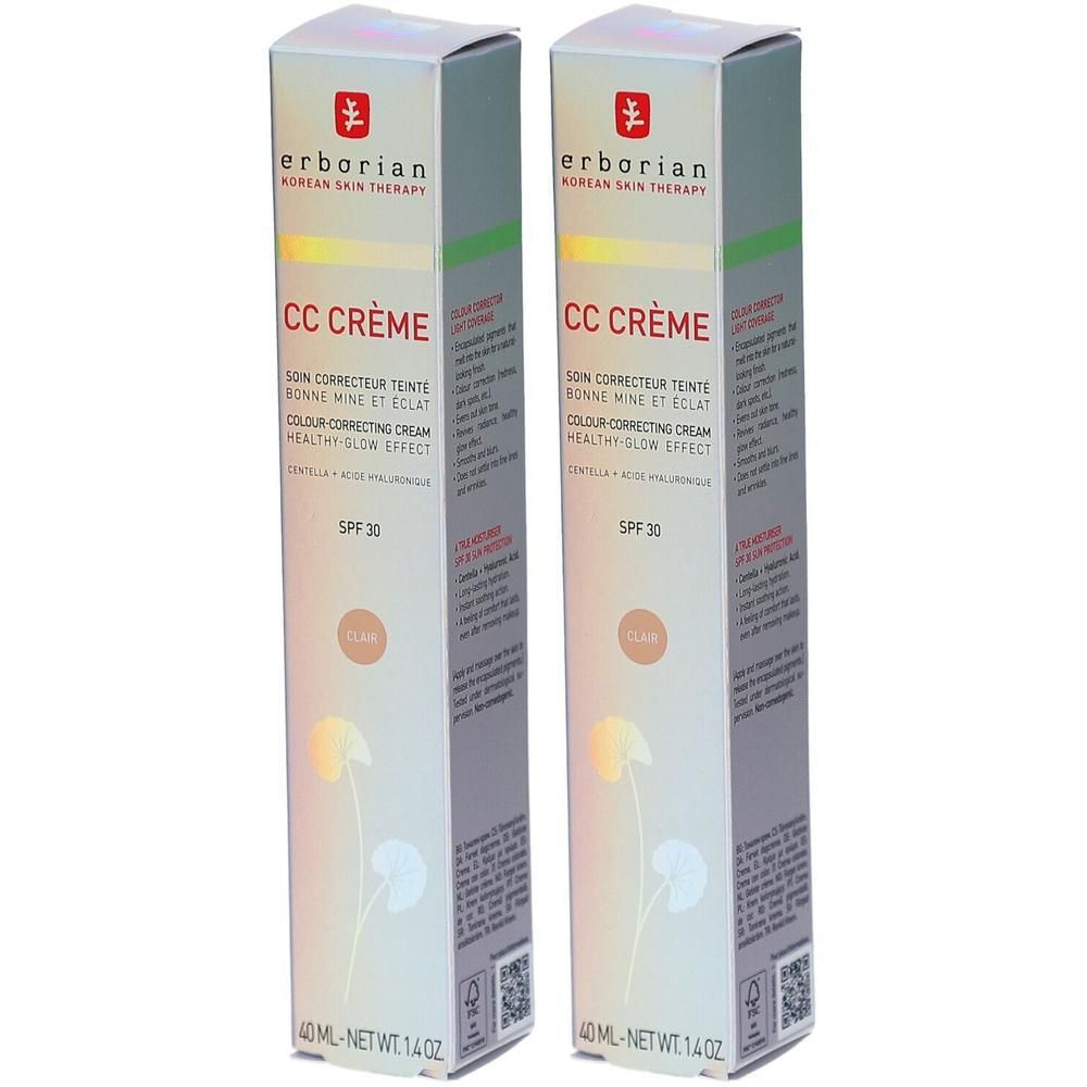 Deux boîtes de CC Crème. Inscription : Erborian, CC Crème, SPF 30. Teinte Clair. 40 ml.