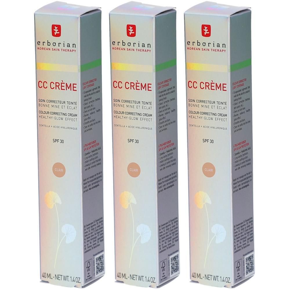 Trois boîtes de CC Crème. Inscription : Erborian, CC Crème, SPF 30, Clair. 40 ml.
