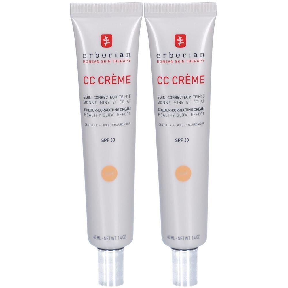 Zwei Tuben CC Crème. Weiße Tuben mit Produktnamen und SPF 30. Aufdruck: Erborian, CC Crème, Healthy Glow Effect.