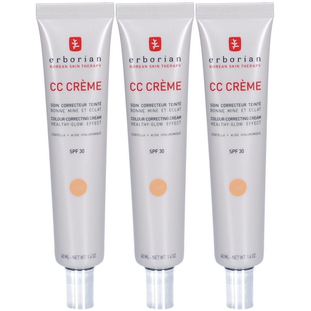 Drei Tuben CC Crème von Erborian. Weiße Tuben mit roter Schrift. Produktname, SPF 30 und weitere Informationen sind sichtbar.