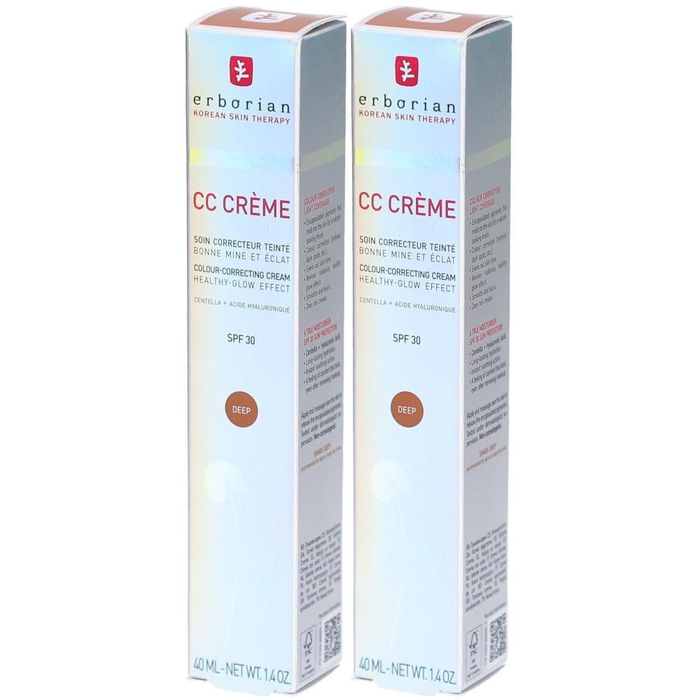 Zwei Schachteln mit CC Crème. Aufschrift: Erborian, CC Crème, SPF 30, Deep. 40 ml. Korean Skin Therapy. Farbkorrigierende Creme.