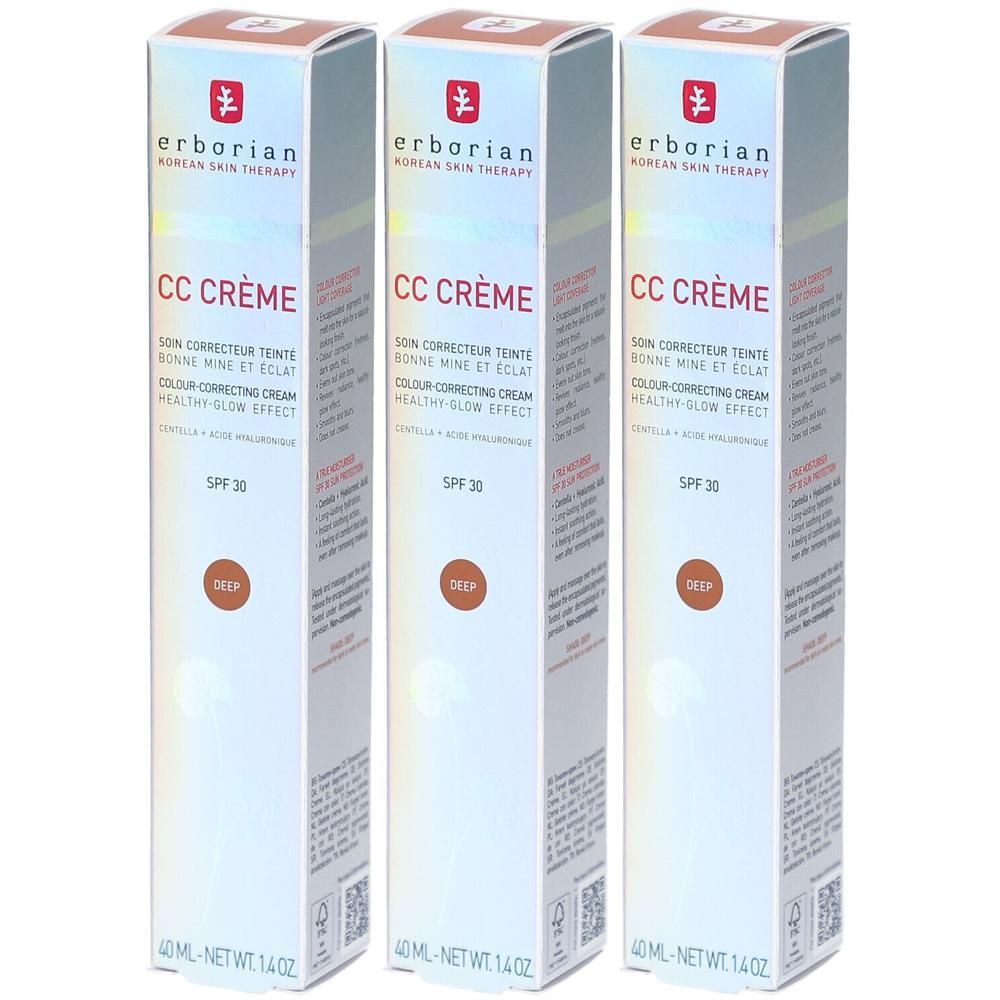Drei Schachteln mit CC Crème. Aufschrift: Erborian, CC Crème, SPF 30, Deep. 40 ml.