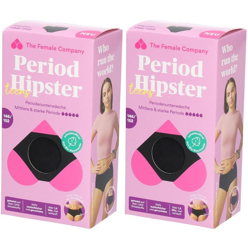 Zwei Packungen Periodenunterwäsche. Rosa Verpackung mit Produktname und Abbildung. Größe 146/152. Aufdruck: „The Female Company“ und „Period Hipster teens“.