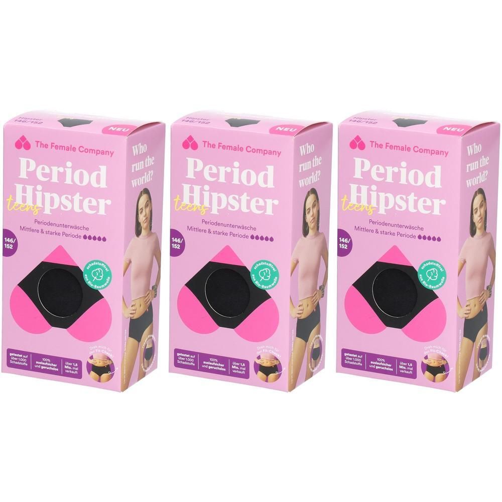 Drei rosa Verpackungen mit dem Produktnamen "Period Hipster" von The Female Company. Auf jeder Verpackung ist eine Frau abgebildet.