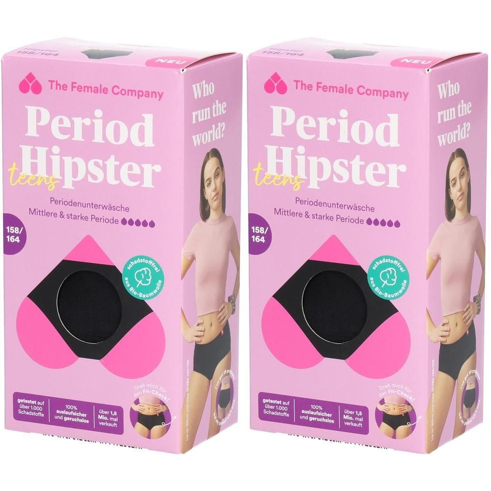 Zwei rosa Verpackungen mit Periodenunterwäsche. Aufdruck: The Female Company, Period Hipster, Größe 158/164. Abbildung einer Frau.