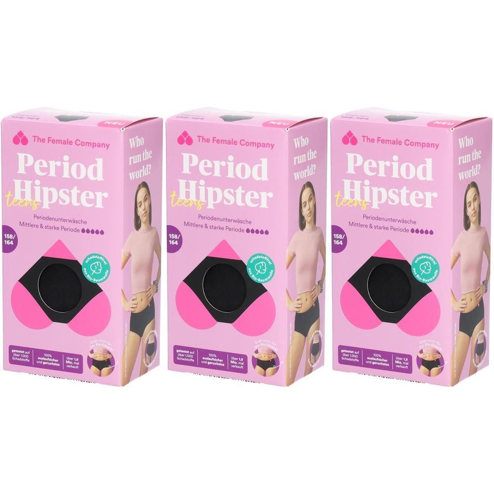 Drei Packungen Perioden-Hipster-Slips. Rosa Verpackung mit Produktabbildung und Logo. Größe 158/164. Marke: The Female Company.