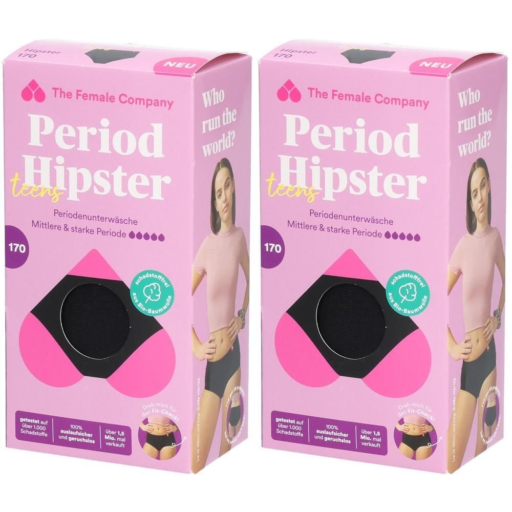 Zwei rosa Verpackungen mit schwarzer Periodenunterwäsche. Aufdruck: The Female Company, Period Hipster teens, 170, Mittlere & starke Periode.
