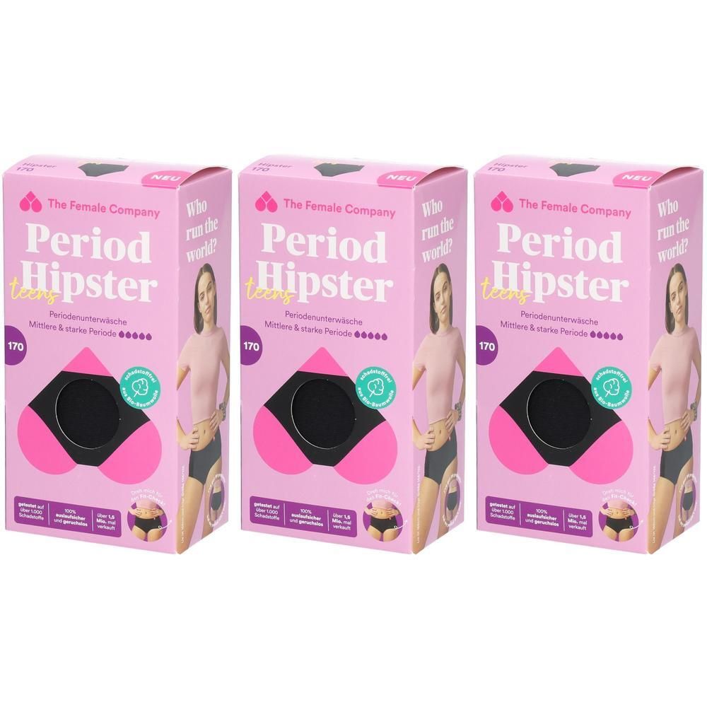 Drei Packungen Periodenslips. Rosa Verpackung mit Produktabbildung und Schriftzug. Marke: The Female Company. Aufdruck: Period Hipster teens.