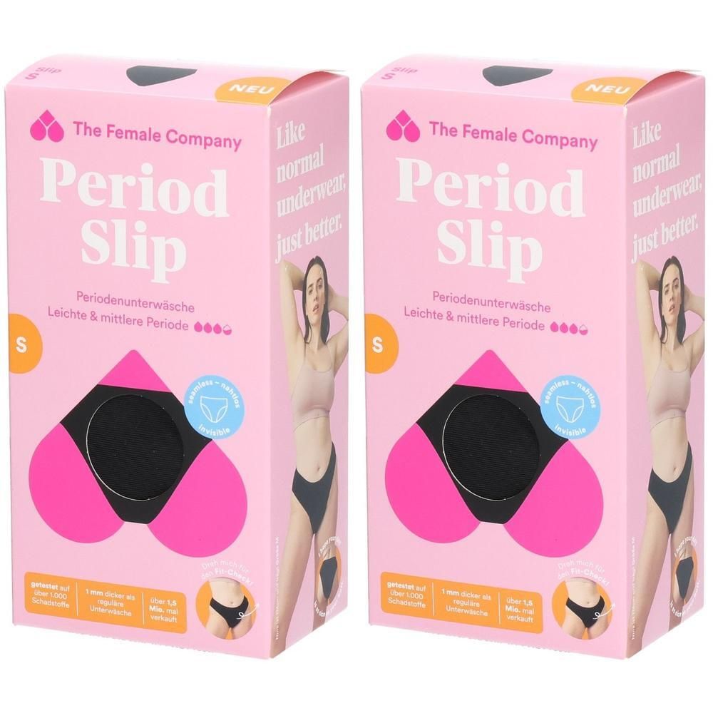Zwei Packungen Periodenslip von The Female Company. Rosa Verpackung mit Produktabbildung und Text. Größe S, schwarze Unterwäsche.