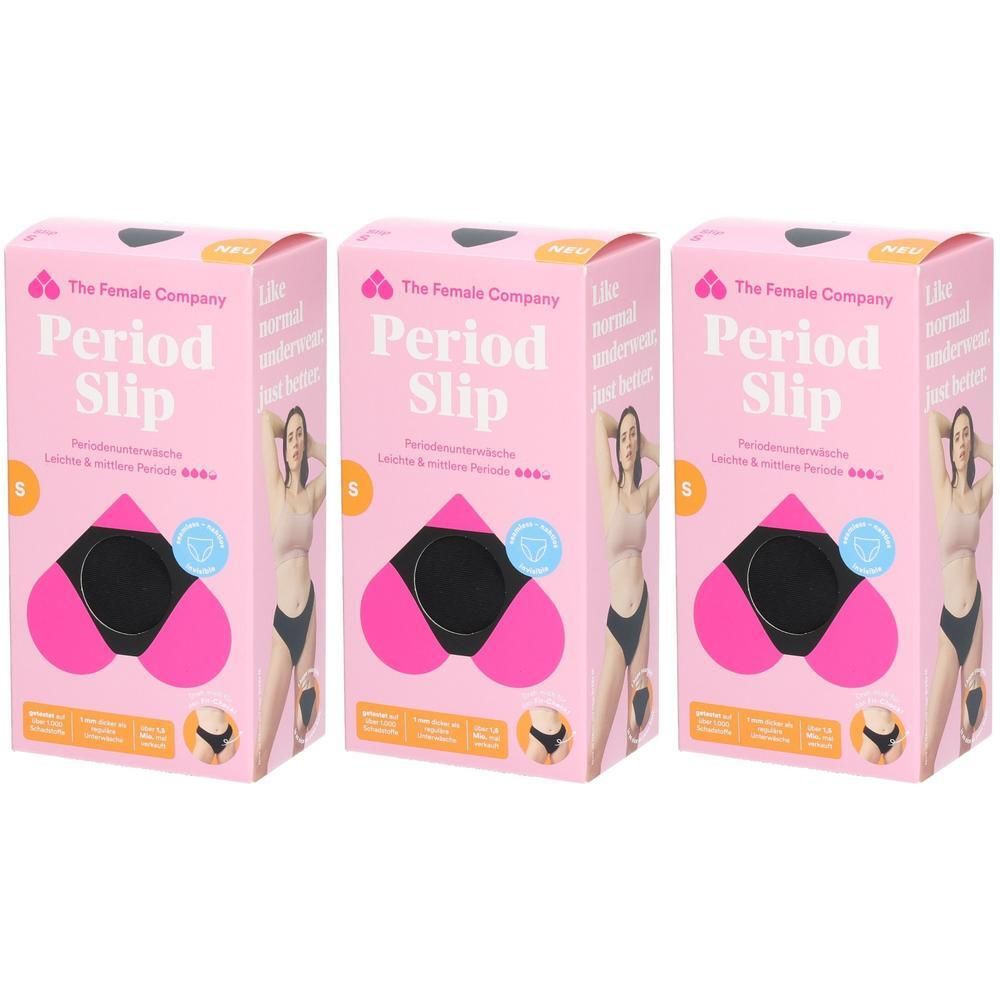 Drei Packungen Periodenslip von The Female Company. Rosa Verpackung mit Produktabbildung und Schriftzug. Größe S.