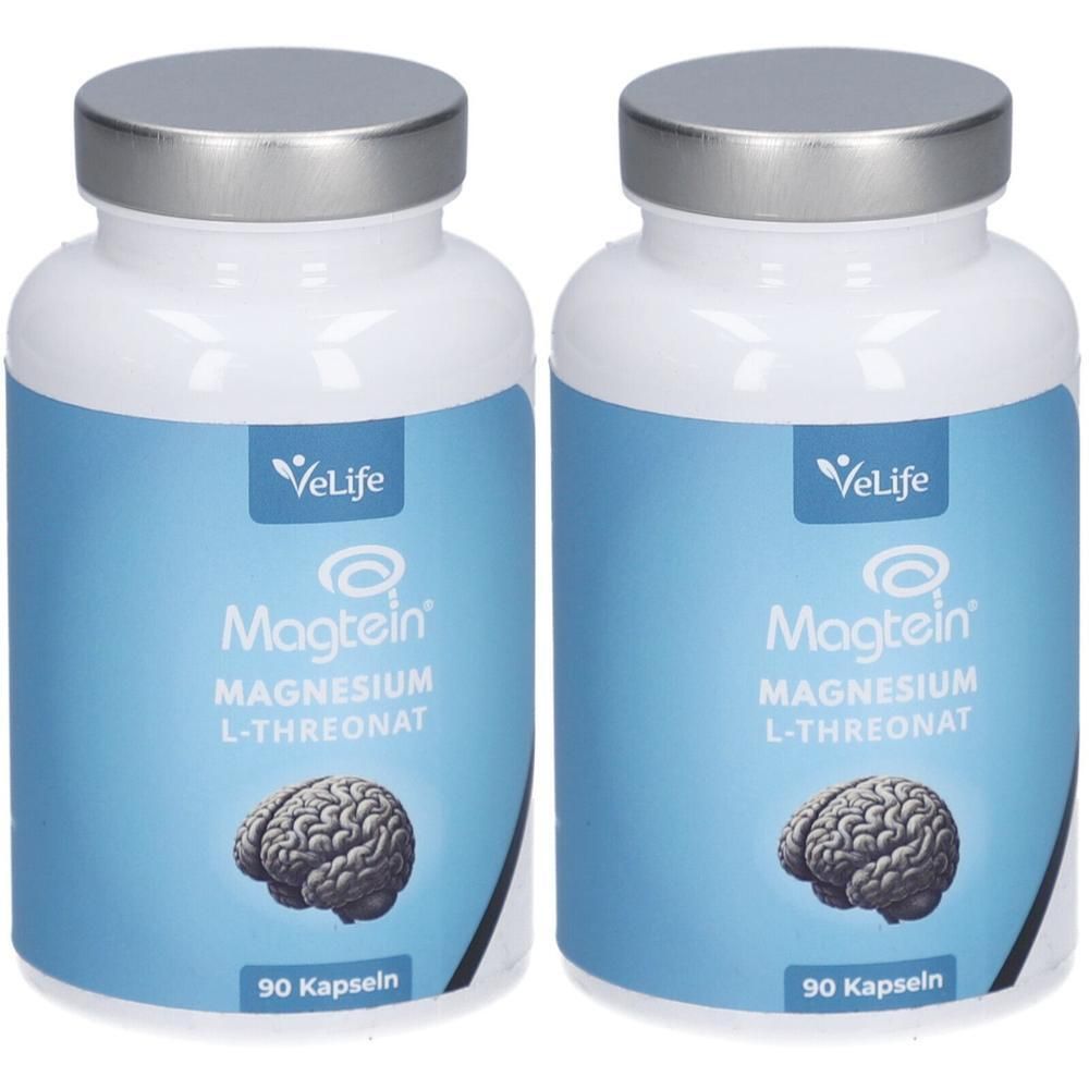 Deux flacons blancs avec des couvercles argentés. Les étiquettes indiquent "VeLife Magtein Magnesium L-Threonat" et "90 Kapseln".
