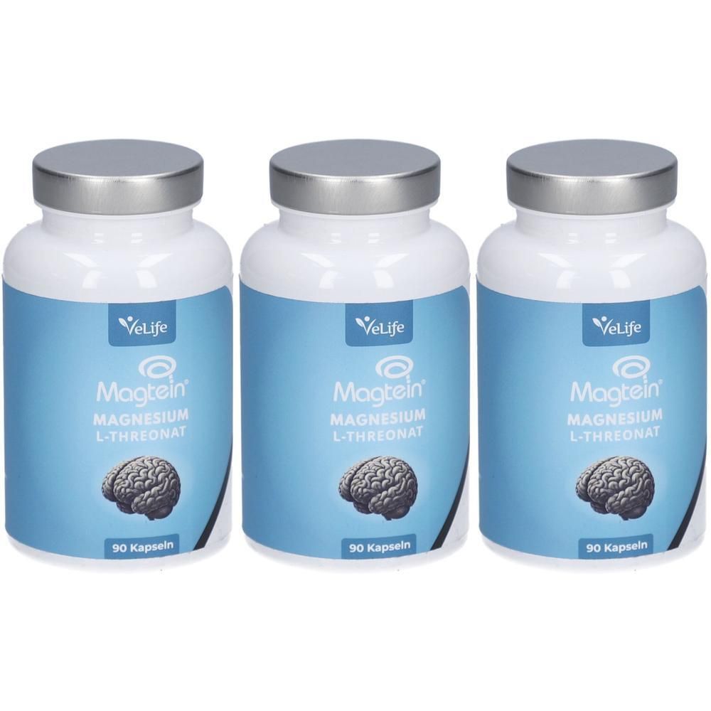 Trois flacons blancs à couvercles argentés. Chaque flacon porte l'inscription "VeLife Magtein Magnesium L-Threonat" et un symbole de cerveau. Chaque flacon contient 90 gélules.