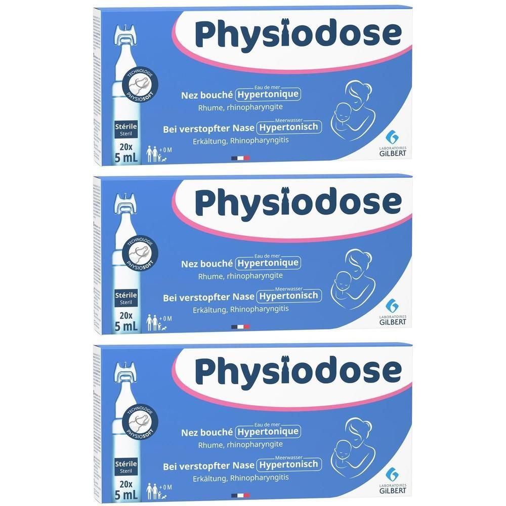 Drei Packungen PHYSIODOSE. Blaue Verpackung mit weißer Schrift. Enthält 20 Ampullen à 5 ml. Marke GILBERT.