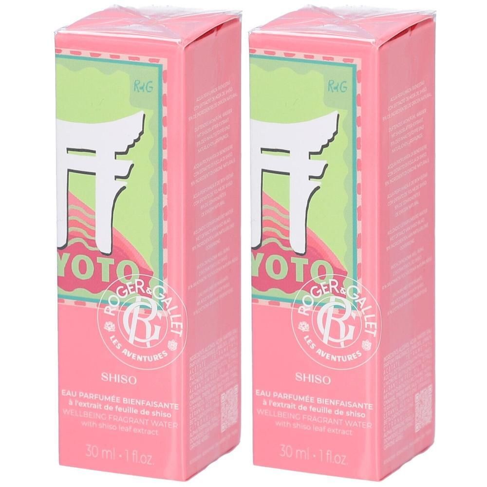 Deux boîtes roses. Inscription : « YOTO », « ROGER & GALLET », « SHISO ». Texte : « Eau Parfumée Bienfaisante ». 30 ml.