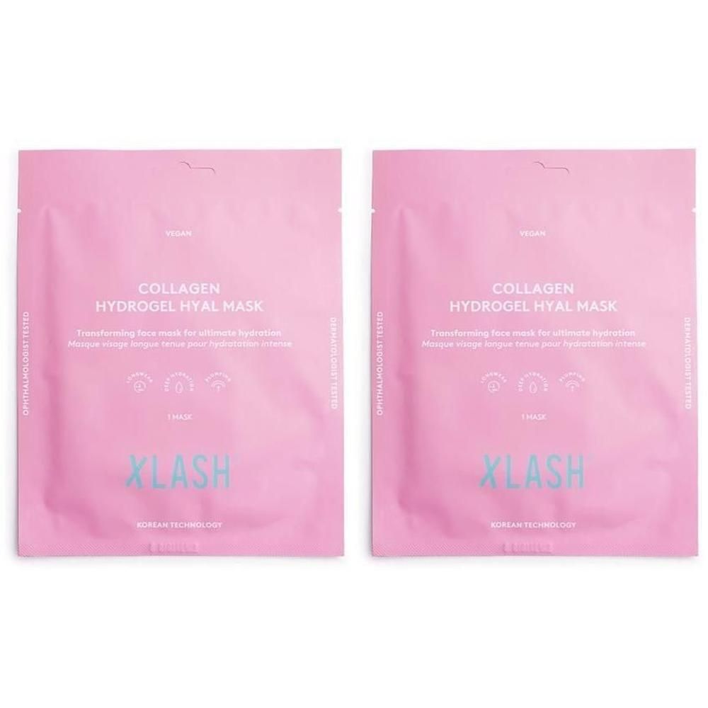 Zwei rosa XLASH Collagen Hydrogel Hyal Masken. Aufschrift: Collagen Hydrogel Hyal Mask. Verpackung mit Logo und Produktinformationen.