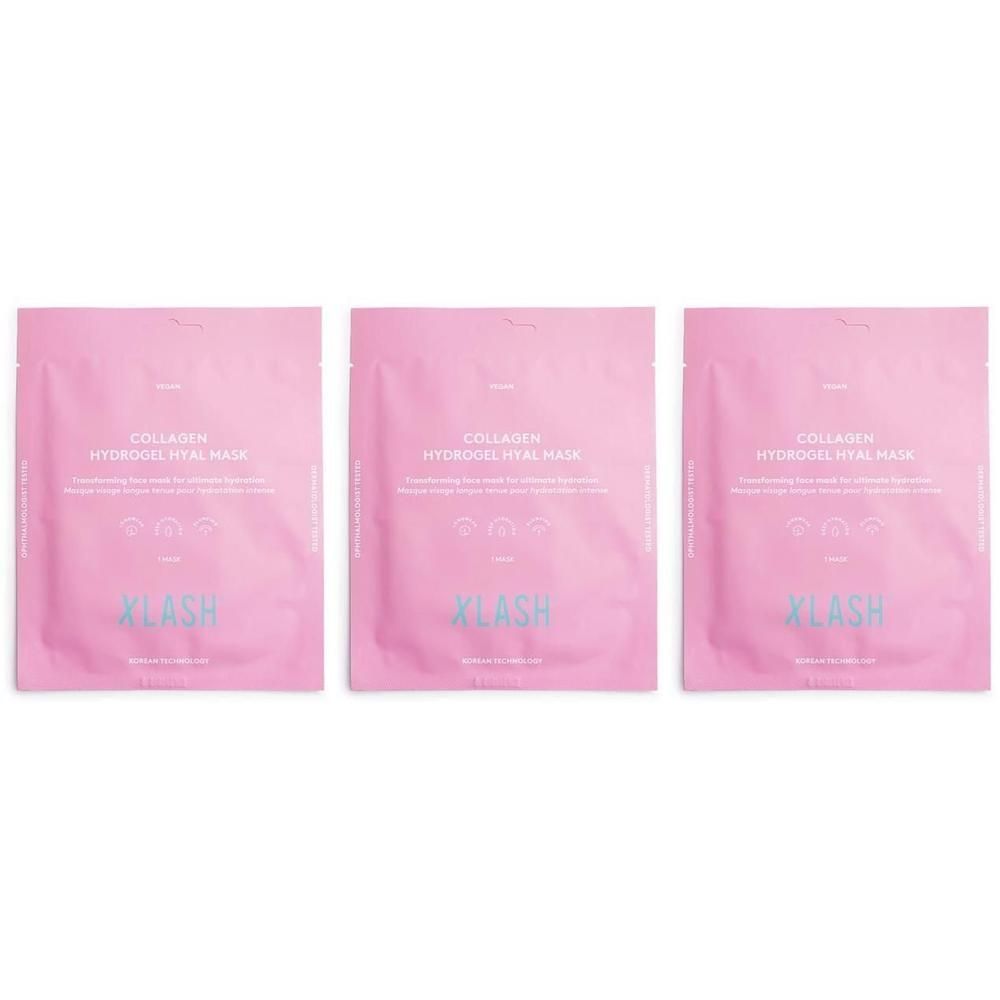Drei rosa XLASH Hydrogel Hyal Masken-Verpackungen. Aufschrift: Collagen Hydrogel Hyal Mask. XLASH-Logo.