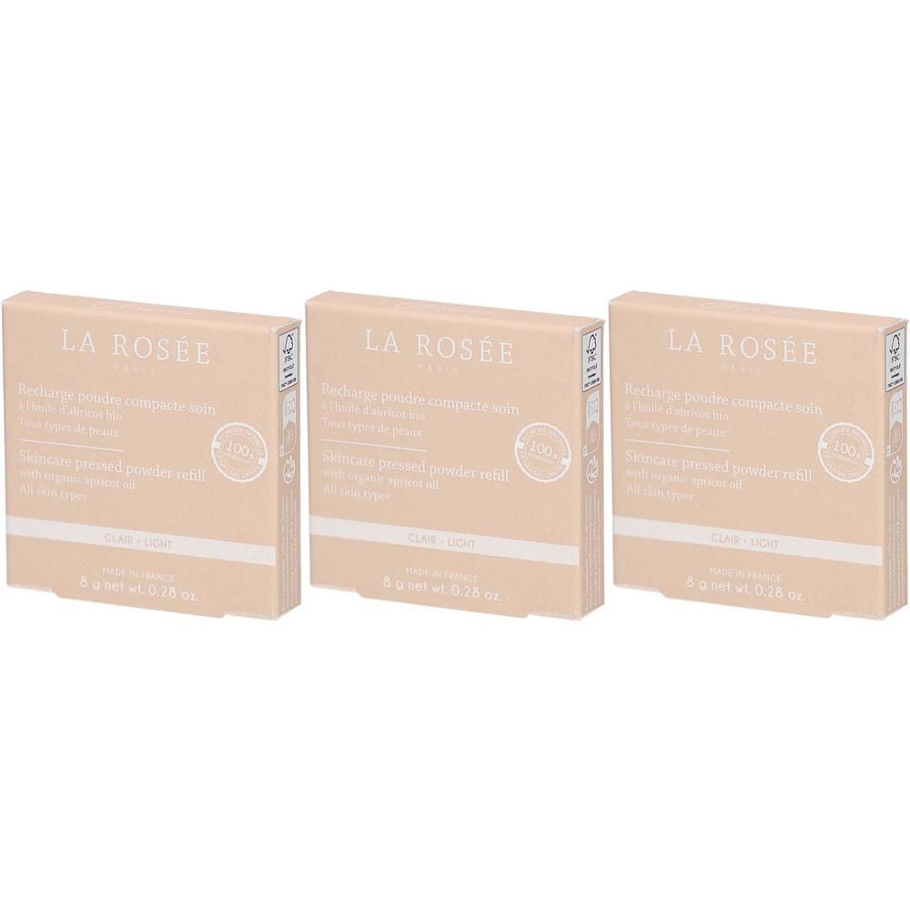Drei Kartons LA ROSEE Poudre Teint Compacte Recharge Claire. Aufdrucke: 8 g, 100%, Inhaltsstoffe, klare Farbe.