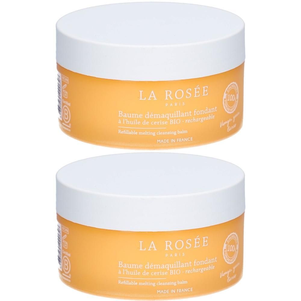 Zwei Tiegel mit weißem Deckel. Aufschrift: LA ROSÉE, Baume démaquillant fondant. Made in France.