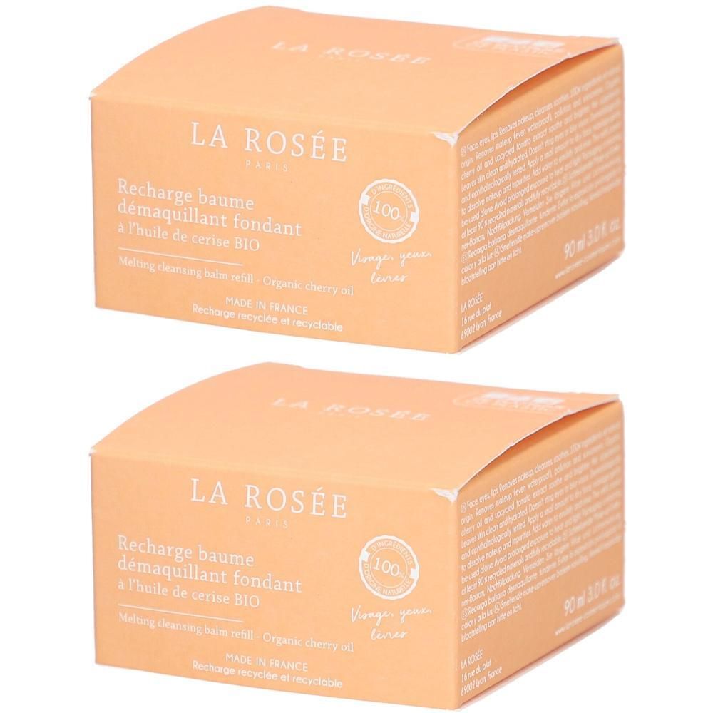 Zwei rechteckige Kartons. Aufdruck: LA ROSÉE, Recharge baume démaquillant fondant, à l'huile de cerise BIO. Mit 100-Logo.