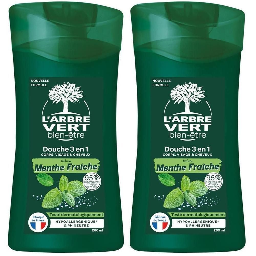 Deux flacons verts L'ARBRE VERT Douche 3 en 1 à la menthe. Hypoallergénique et pH neutre.