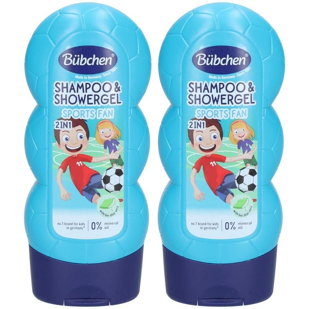Zwei Bübchen 2-in-1 Shampoo & Duschgel Flaschen im Fußball-Design.