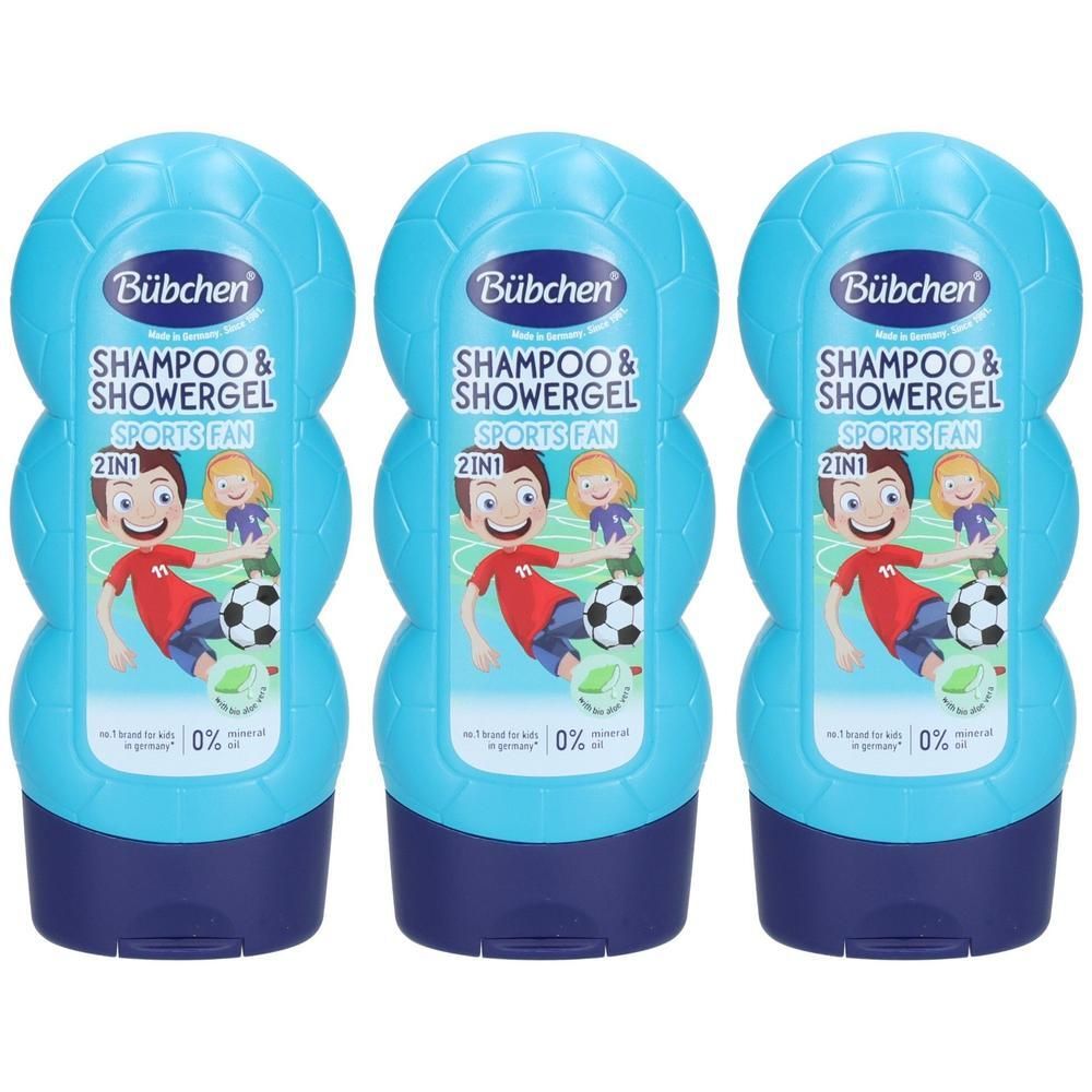 Drei Bübchen 2-in-1 Shampoo & Duschgel Flaschen in Fußballform. Blau mit dunkelblauen Kappen.