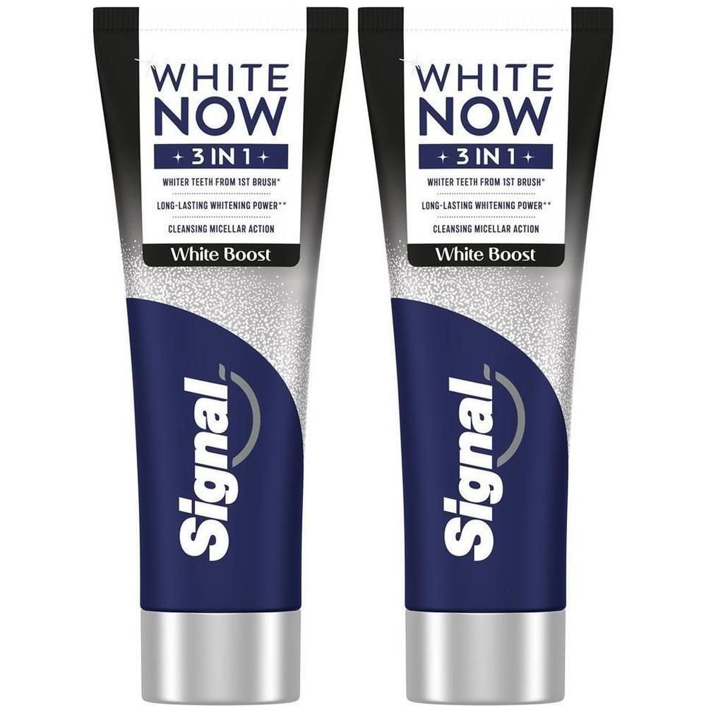 Zwei Tuben Signal White Now Zahnpasta mit White Boost Formel.
