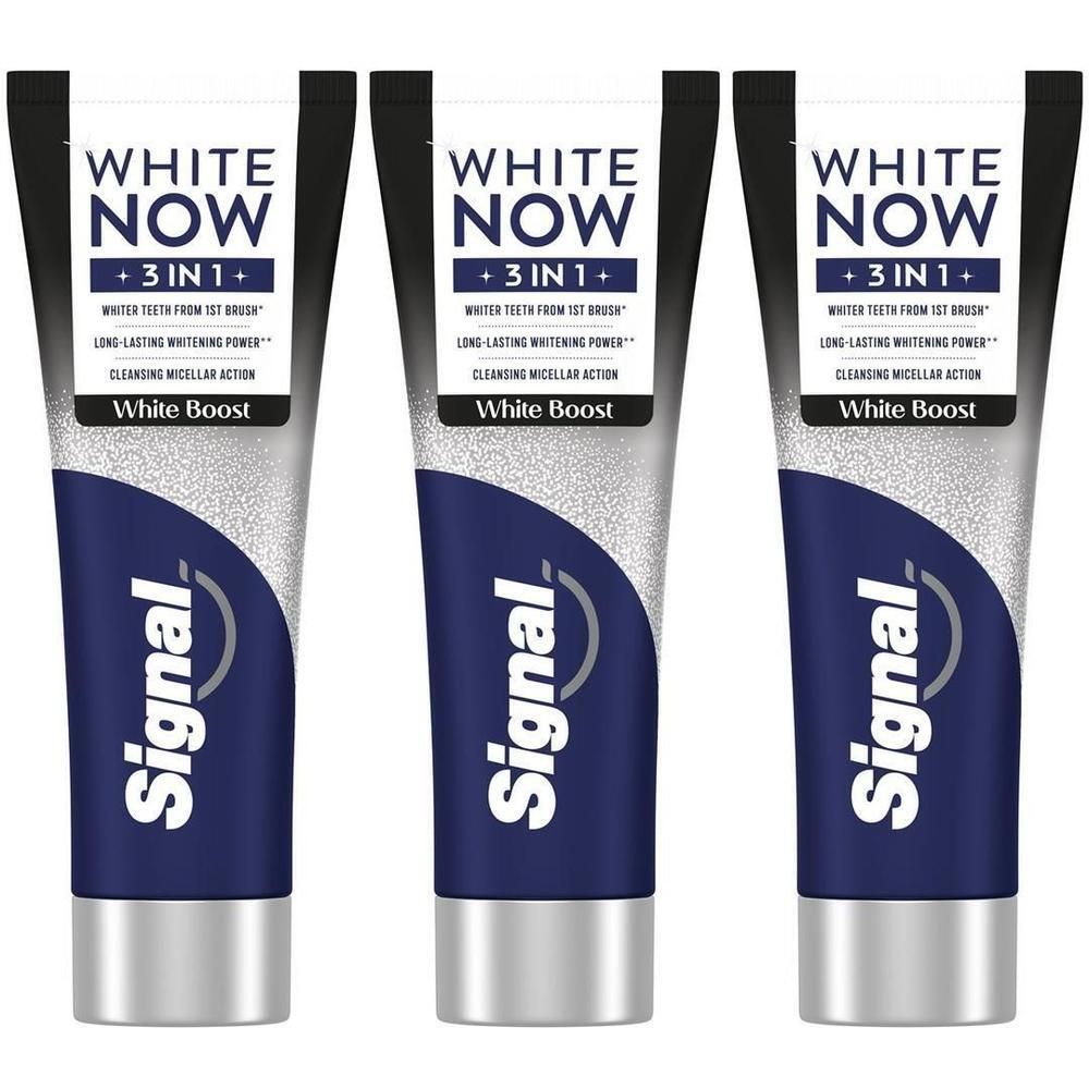 Drei Tuben Signal White Now Zahnpasta mit 3-in-1 White Boost Formel.