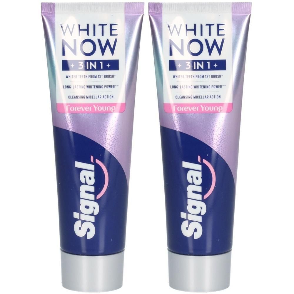 Deux tubes de dentifrice Signal White Now 3-en-1 Forever Young.