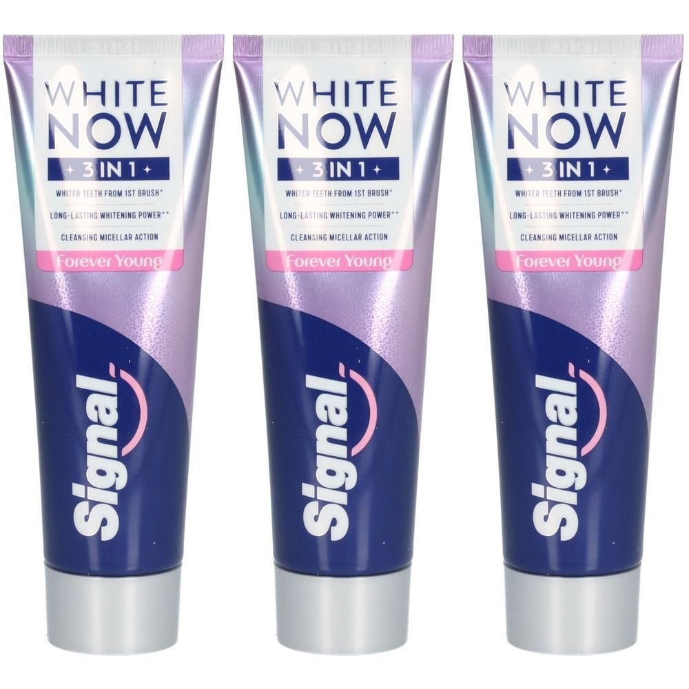 Trois tubes de dentifrice Signal White Now 3-en-1, Forever Young. Emballage bleu et violet avec écriture blanche.