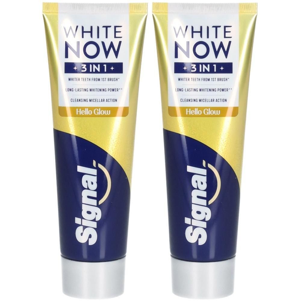 Zwei Tuben Signal White Now 3-in-1 Zahnpasta, Hello Glow. Weiße Zähne, langanhaltende Aufhellung, mizellares Reinigen.