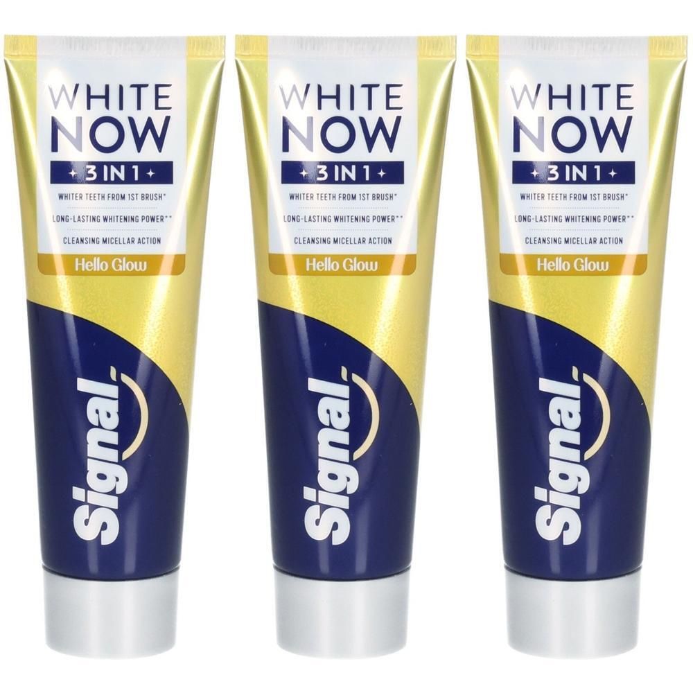 Drei Tuben Signal Zahnpasta White Now 3-in-1 Hello Glow. Weiße und goldene Verpackung mit blauer Schrift.